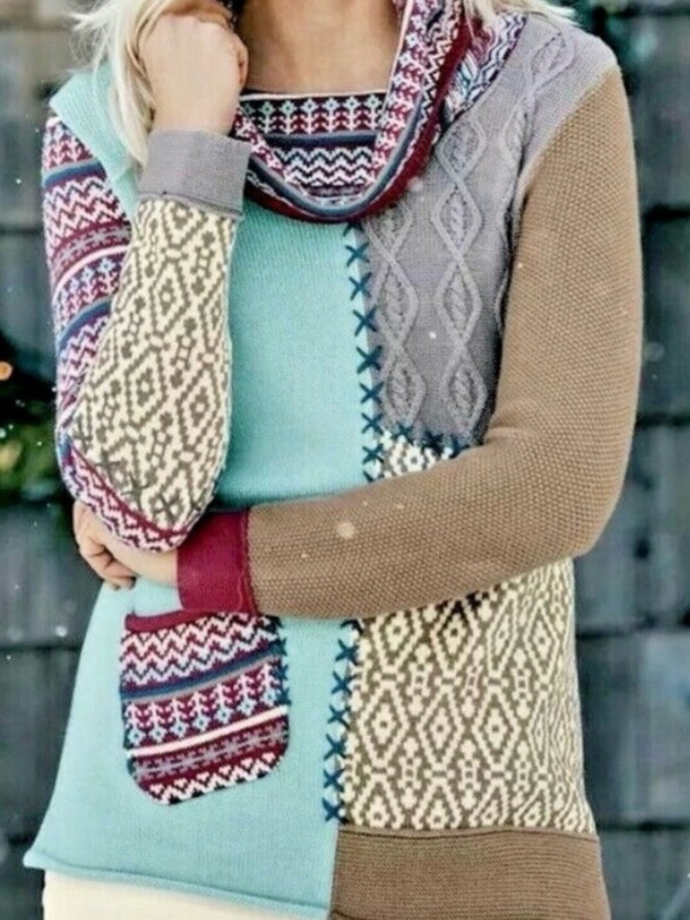 Coldwater Creek Patchwork Cable Cowl Neck Tunic Turtleneck Sweater - Size L